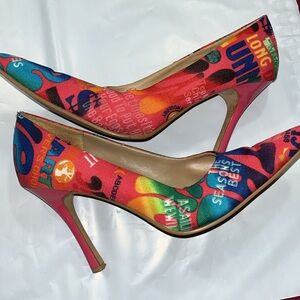90s Super model pumps 80s shoes Pink Graffiti 4” high heels ANNE MICHELLE,  7.5